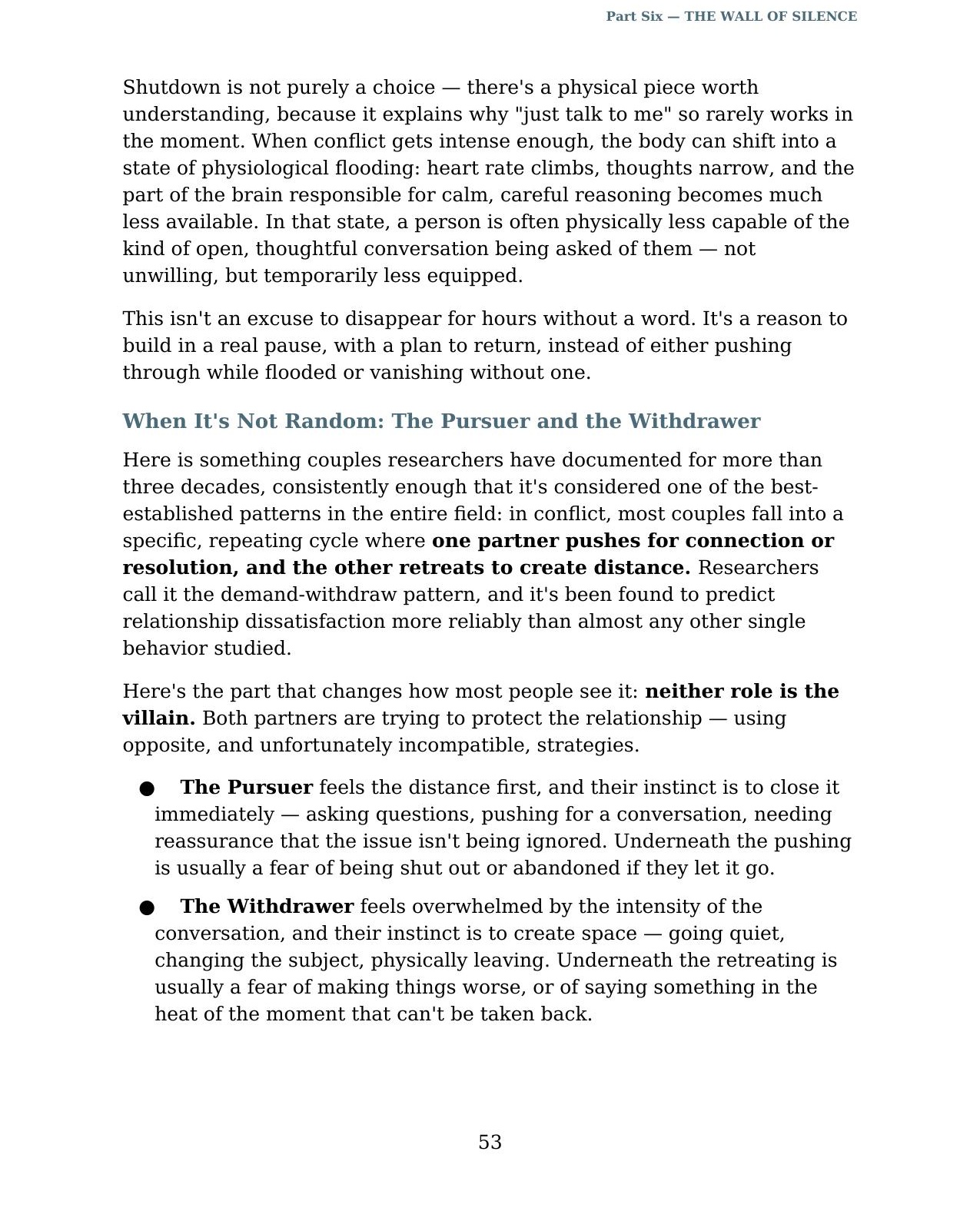 Interior page from Part Six: The Wall of Silence, describing the pursuer and withdrawer pattern.