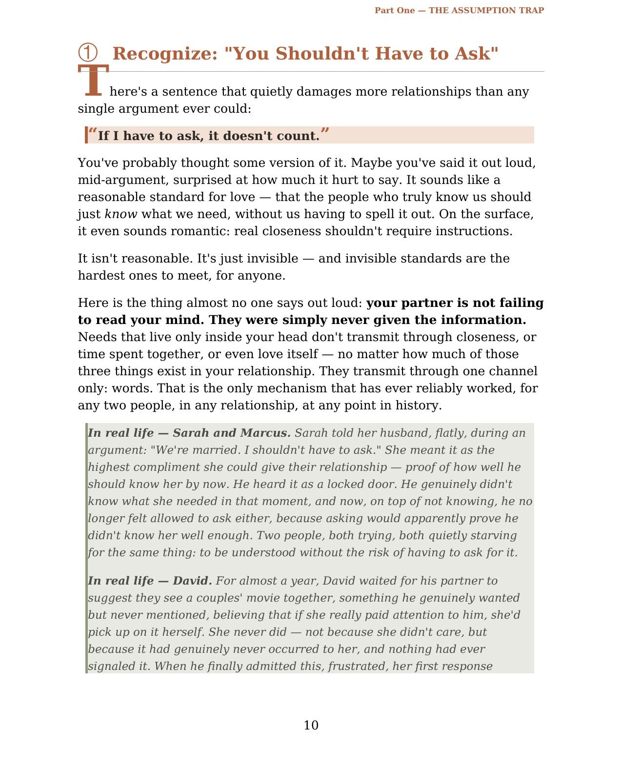 Chapter opening page from the workbook — Part One: The Assumption Trap, with a terracotta drop cap and a colored callout quote.